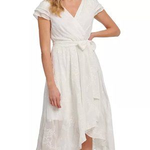 DKNY Embroidered Faux-Wrap Dress